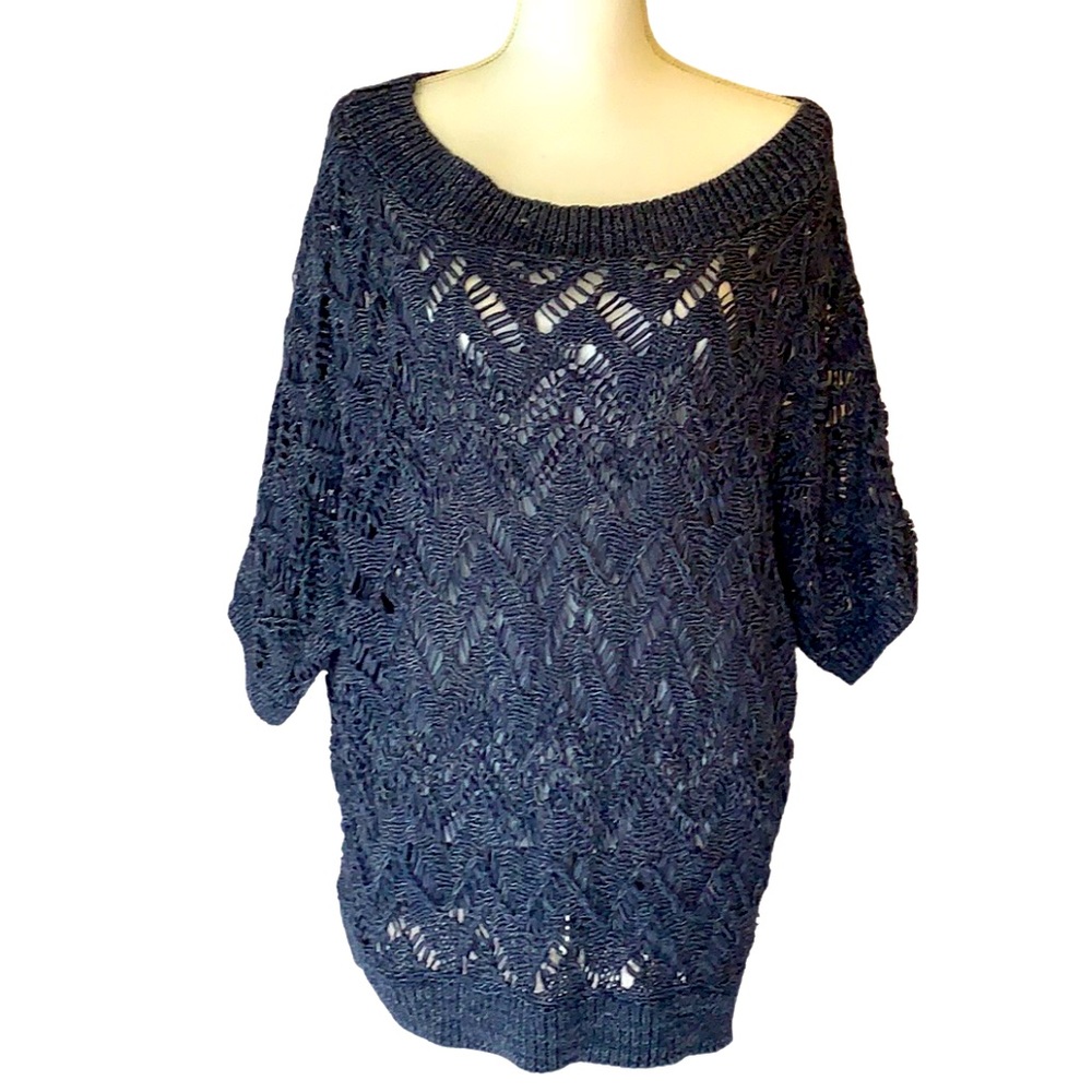 Chico’s Denim blue ribbon knit short sleeve sweater